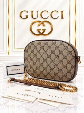 Authentic Gucci GG Supreme Ophidia Camera Crossbody Bag Gold Chain Brown Leather